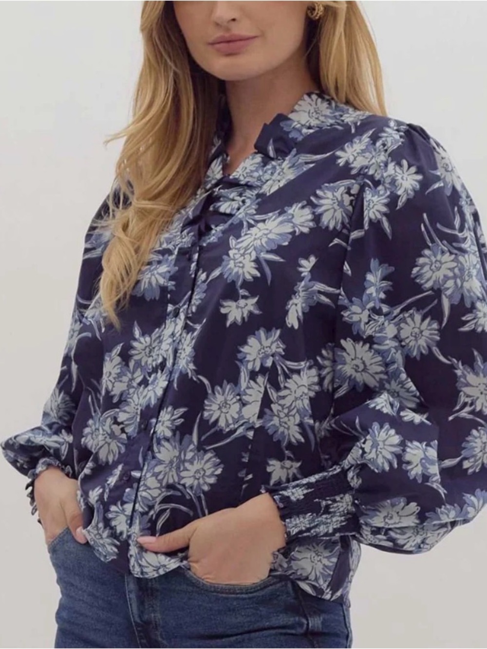 Entro Floral Ruffle Neck Blouse